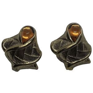 Unique Vintage Gold Tone Faux Amber Cabochon Chunky Statement Earrings